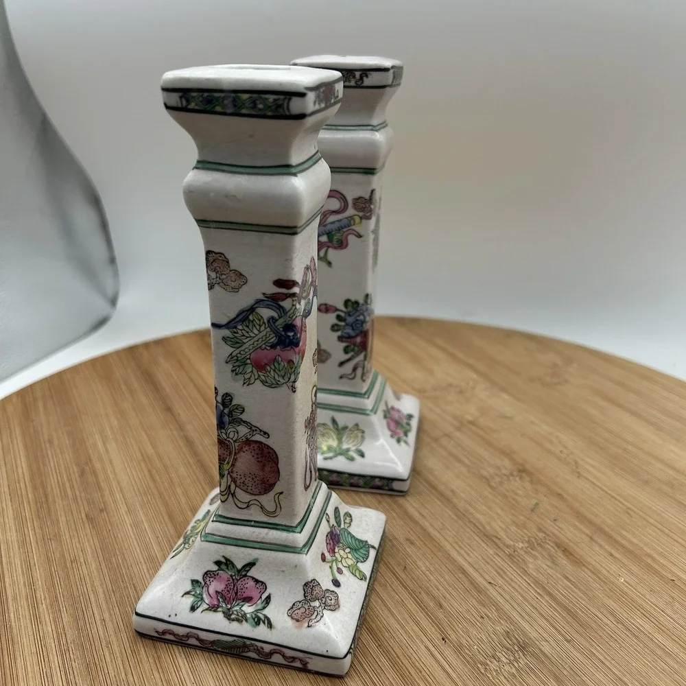 Pair Chinese Porcelain Candle Holders Famille Rose Style Square Base Vintage‎